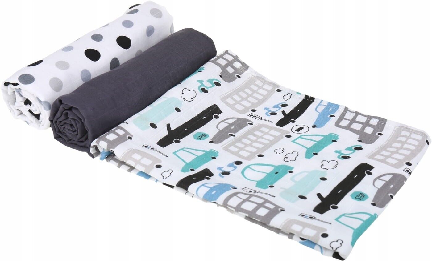 Baby Muslin Nappies Cloth Diaper Cotton 3-PACK Colourful 70x70cm Cars graphite