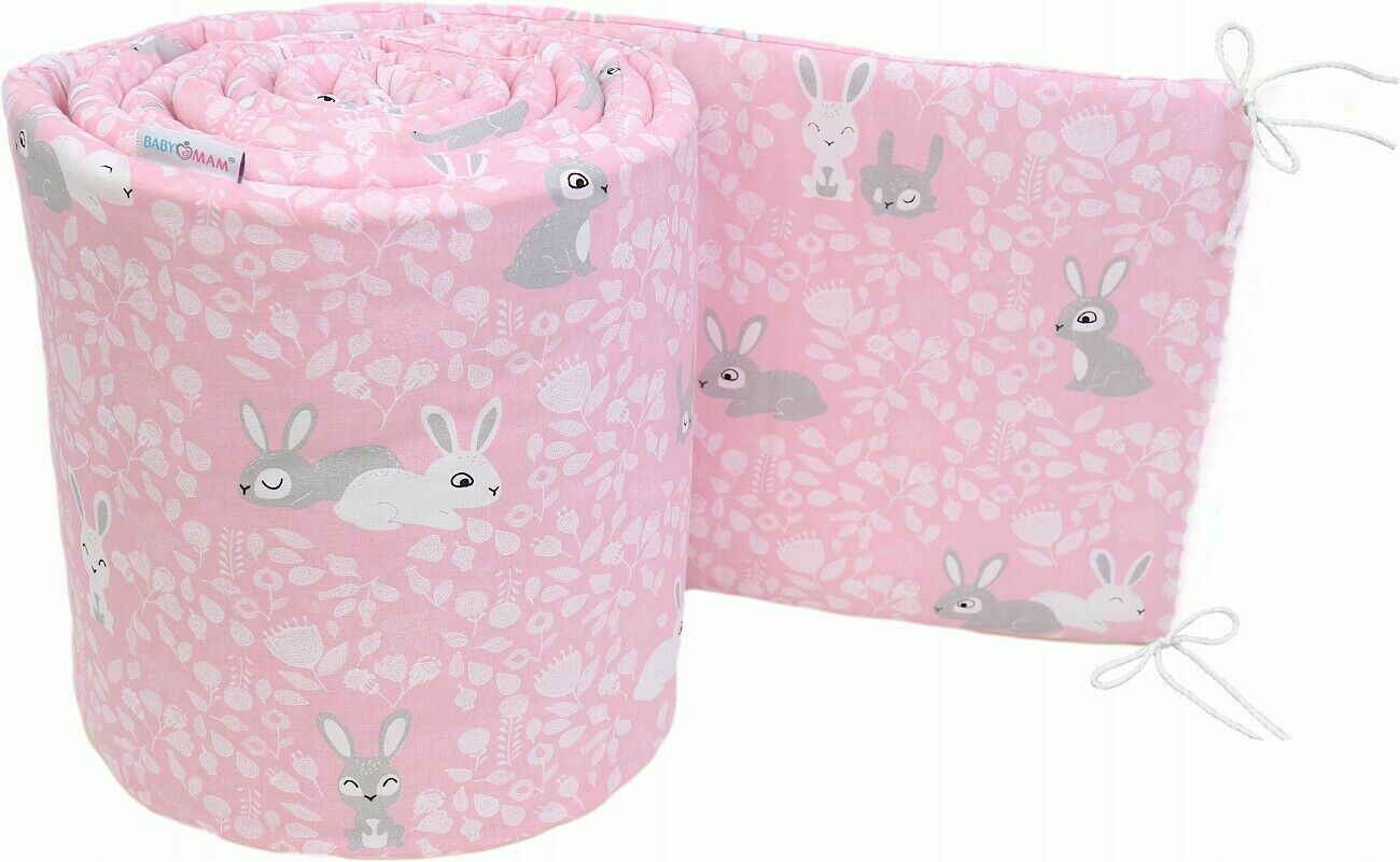 Baby Padded Straight Bumper Cotton Protection 180cm To Fit Cot Bunny pink