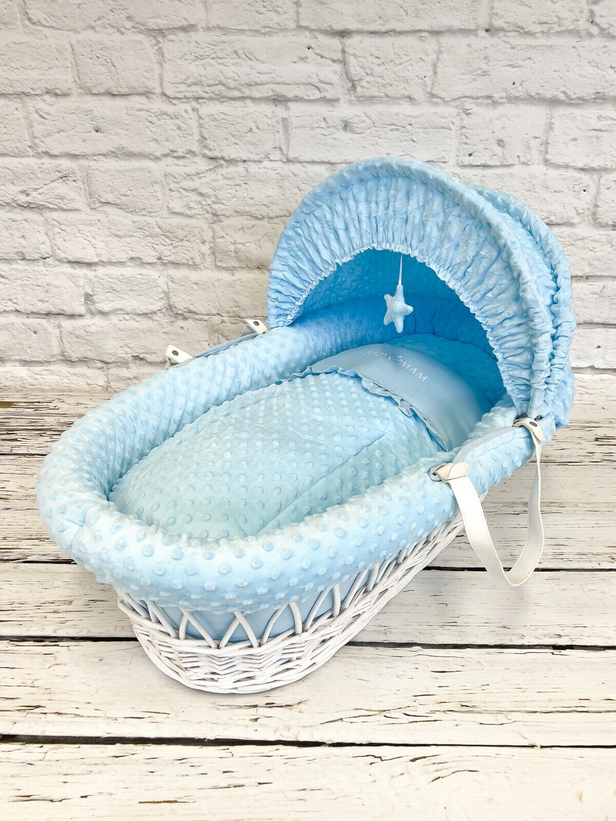 Luxury Moses Basket Padded Grey Wicker Baby Full Set - Blue